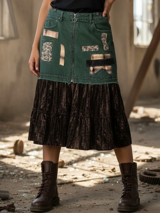 Upcycled Dresses & Skirts - Upcycled Gree Mini Skirt with Velvet Hem -- HOST PICK